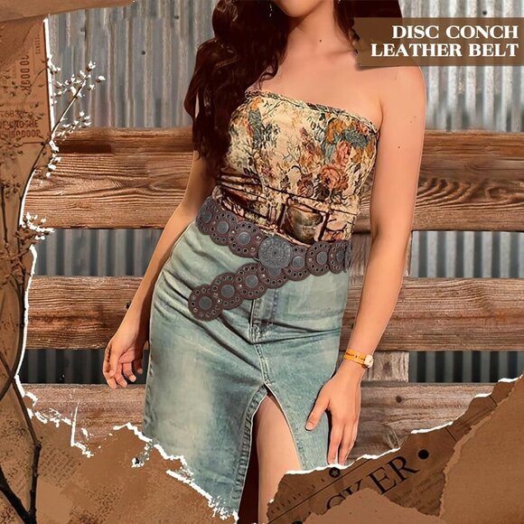 Women Vintage Disc Waist Concho Leather Belt Boho Waist Belt Brown Black Buckle main image 6